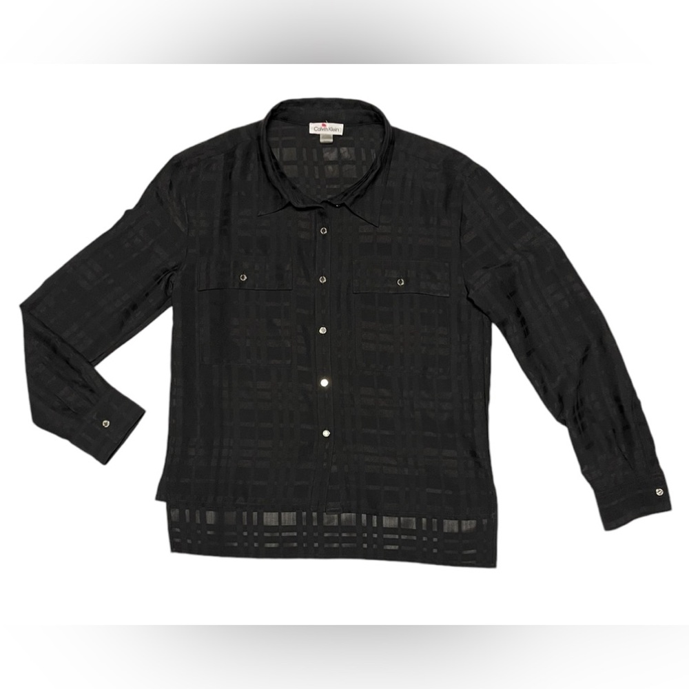 CALVIN KLEIN BLACK BUTTON DOWN SHIRT PLAID WOMEN LONG SLEEVE POCKETS SIZE SMALL
